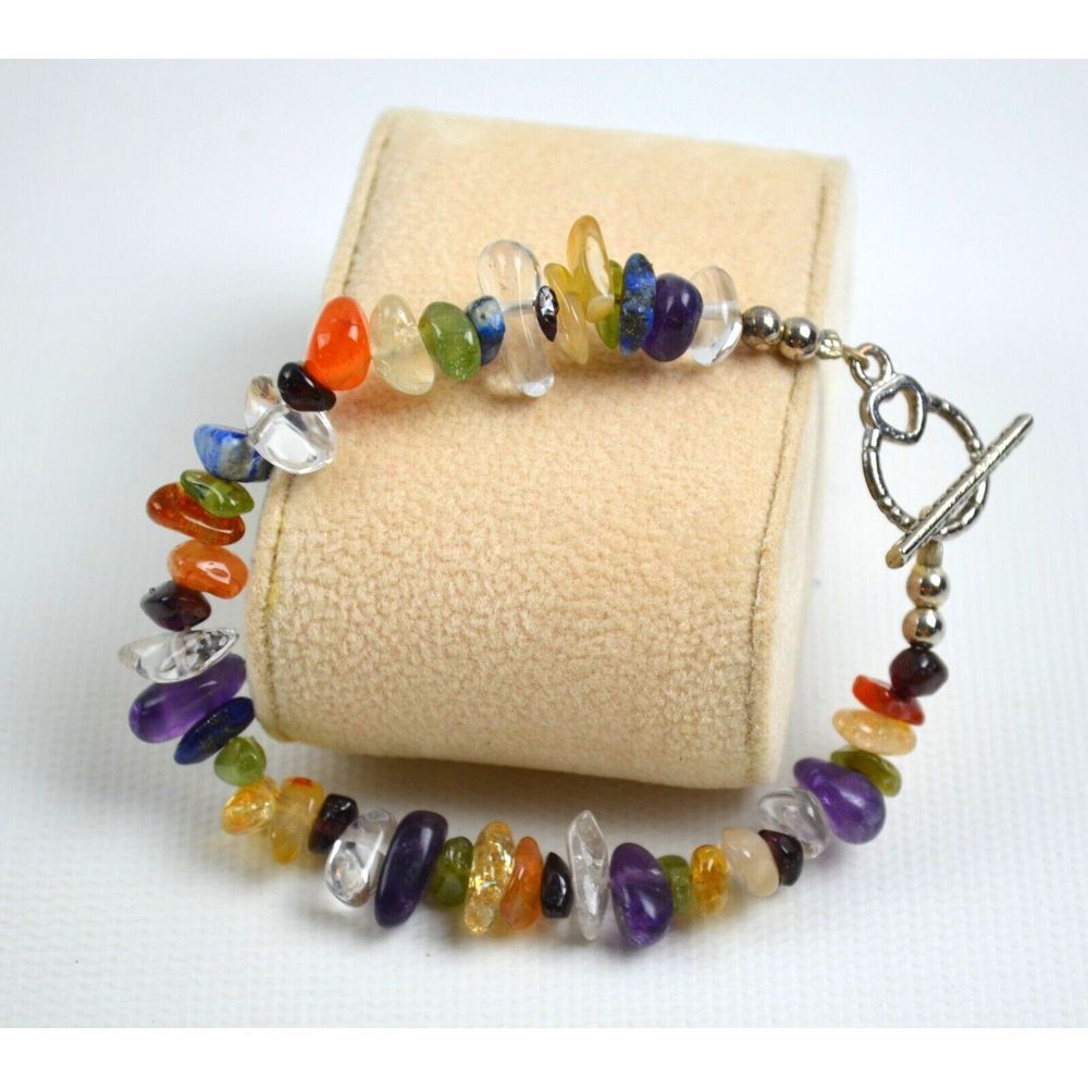 Silver Tone Multicolor Beaded Chip Glass Bracelet 7.5"